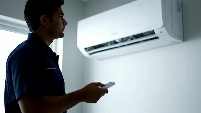 Close up of person holding remote pointing at air conditioner on wall in room or Close up of air conditioner on wall displaying temperature in room