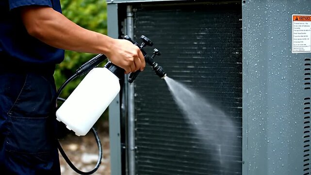 Close up of coils being sprayed during maintenance or Close up of an air conditioner being cleaned outside