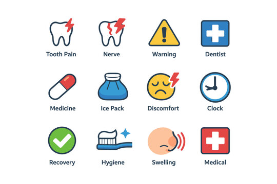 Dental pain solutions: symbols for toothache relief and dental care