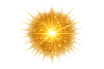 Golden light explosion with glittering sparks and starburst rays on transparent background, celebrating event concept