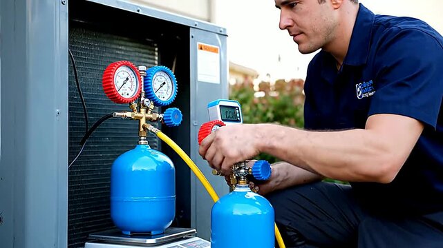 Close up of gauges measuring pressure on tanks near air conditioner system | POV of technician working on gauges connected to tanks in outdoor setting