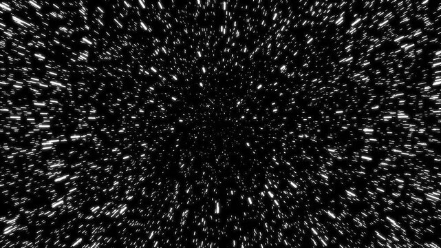 Animation particle straburst of hyperspace jump through tunnel starfield. White stars stretching into lines on black background. Loop of warp speed travel in deep space, sci-fi motion background.