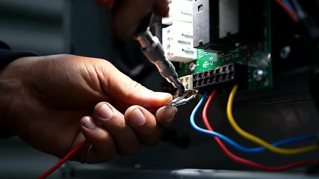 Close up of hand tightening wire with tool on circuit board in dark setting | Close up of hand working on wires on electrical panel in dark setting