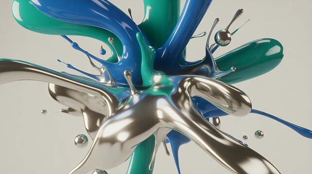 Abstract 3D Liquid Splash with Metallic Chrome and Blue Green Fluid Shapes