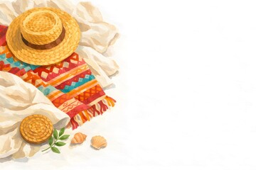 Summer Beach Flat Lay with Straw Hat and Colorful Towel Watercolor