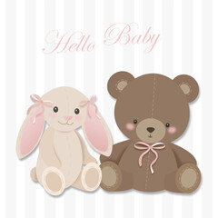 Naklejka premium Cute teddy bear and bunny toy baby greeting illustration