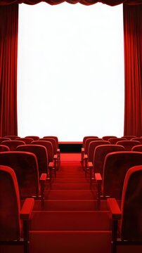 An empty movie theater with red seats and curtains.