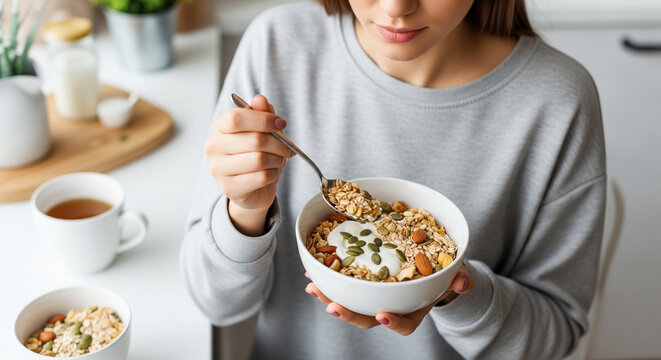 Young woman with muesli bowl. Girl eating breakfast cereals with nuts, pumpkin seeds, oats and yogurt in bowl. Girl holding homemade granola. Healthy snack or breakfst in the morning.