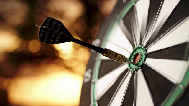 A sleek metallic dart precisely lodged in a modern dartboard's bullseye with a warm golden hour bokeh background. slow cinematic dolly push-in, concept of ultimate precision