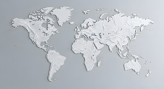 A 3D rendered world map featuring detailed topography in grayscale against a light gray background