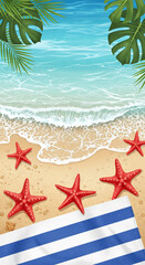 Illustration of a tropical beach with clear water, sand, starfish, and a striped towel. It represents vacation, relaxation, and summer getaway