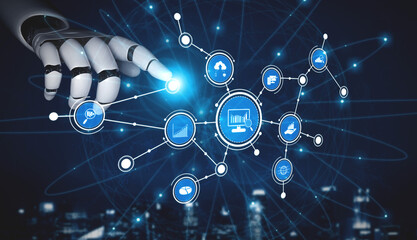 A robotic hand reaches toward a glowing digital interface filled with icons and graphs, symbolizing the merging of technology and data in a modern world. Tessel