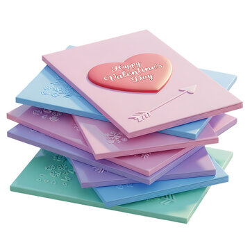 Colorful stack of Valentines Day greeting cards with heart and arrow design on top transparent background
