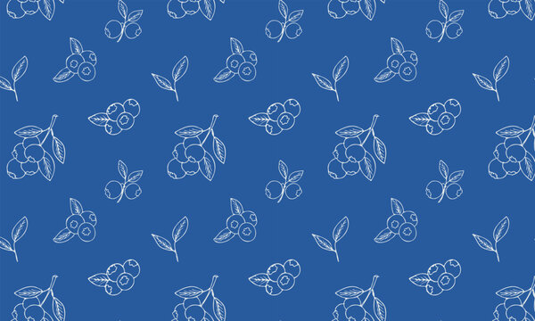 Seamless pattern with hand drawn blueberry on blue background