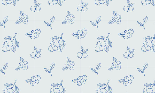 Seamless pattern with hand drawn blueberry on blue background