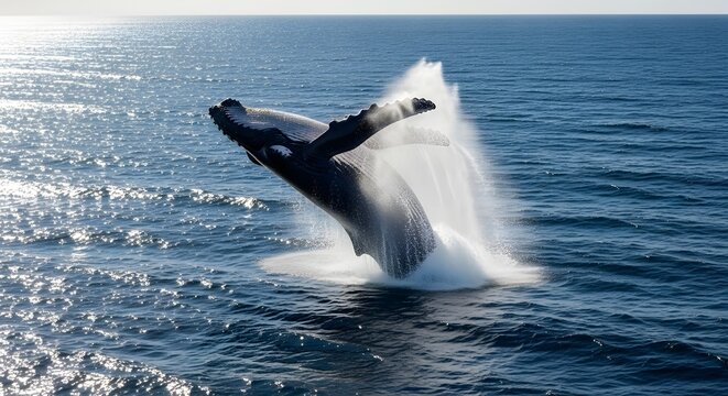 Humpback whale breaches, leaping from the ocean with water spray, in bright sunlight