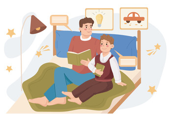 Obraz premium Father read with son. Man and boy sitting on bed and reading books. Education and training, learning. Parent spend time with child. Hobbies and leisure. Flat vector illustration