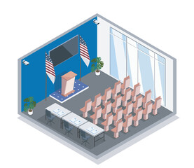 Naklejka premium Isometric government briefing room. Tribune with two american flags and empty chairs. Place for political debates and press releases. Presidential Administration. Volumetric vector illustration