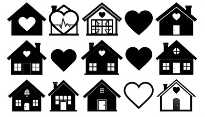 Black and white illustrations of houses with heart and window variations