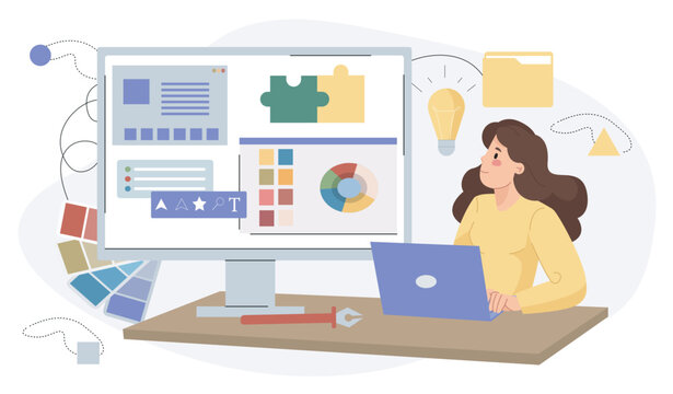 Graphic designer concept. Woman with laptop creates elements for website. Freelancer and remote worker works from home. Illustrator and digital artist at workplace. Flat vector illustration