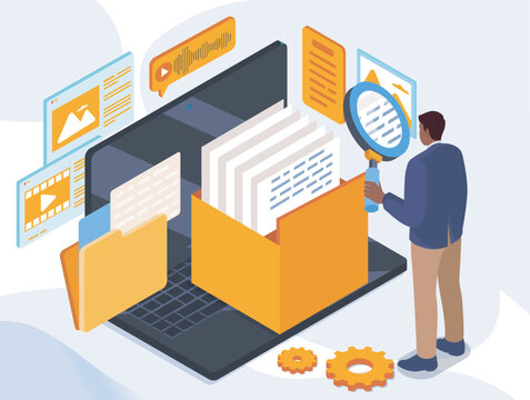 Isometric file search. Man with magnifying glass examines files in folder. Electronic archive and information storage. Digital library with documents. Volumetric vector illustration
