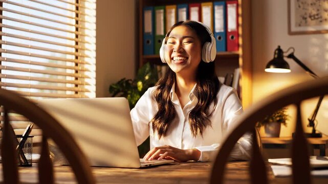Asian woman working on laptop with headphones at desk. Bright and cheerful scene of productivity. Remote work, online learning, home office setup.