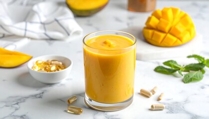 Healthy Mango Smoothie with Vitamin Supplements and Fresh Fruit on a Marble Countertop