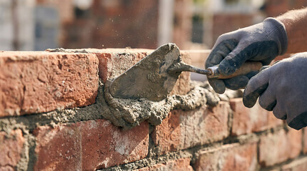 Close up bricklayer spreading wet mortar on red brick wall with trowel and gloves masonry construction craftsmanship repair and renovation building process concept