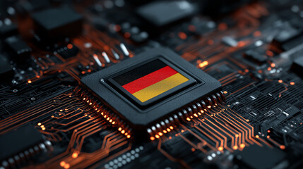 Obraz premium German Flag on Microchip Representing Semiconductor Industry Digital Technology Innovation and European Tech Leadership Concept