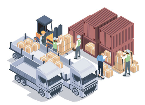 Isometric loading cargo container. Workers load boxes from containers into trucks. Logistics, transportation and shipping. Import and export. Volumetric vector illustration