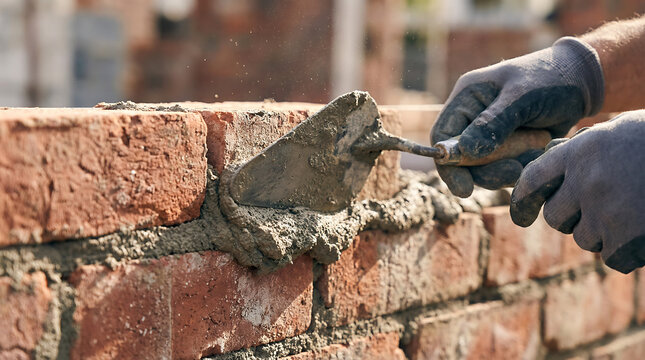 Close up bricklayer spreading wet mortar on red brick wall with trowel and gloves masonry construction craftsmanship repair and renovation building process concept