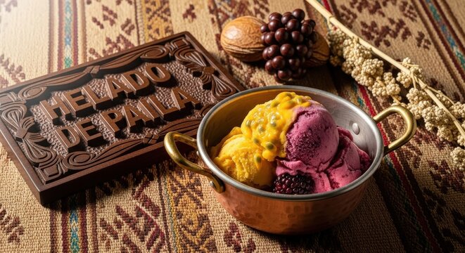 Traditional Ecuadorian Helado de Paila Sorbet in Copper Pot with Otavalo Pano Mat and Tagua Carving