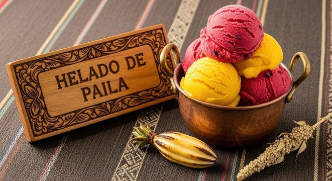 Traditional Ecuadorian Helado de Paila Sorbet in Copper Pot with Otavalo Pano Mat and Tagua Carving