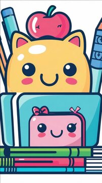 A charming of a school-themed character with books and stationery items.