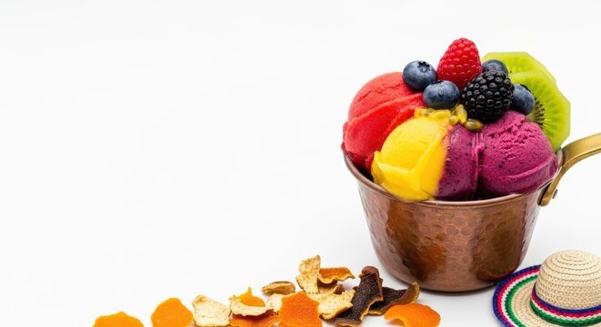 Traditional Ecuadorian Helado de Paila Fruit Sorbet in Copper Pot with Large Left Copy Space