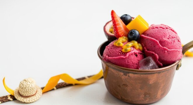 Traditional Ecuadorian Helado de Paila Fruit Sorbet in Copper Pot with Large Left Copy Space