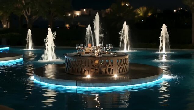 Night time 4K footage of lit fountains pool with an elegant floating table setup capturing reflections light movement sophisticated outdoor 