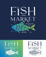 Premium logo for a restaurant or seafood deli. Letters and mosaic fish silhouette.
