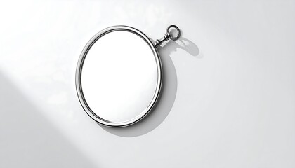 Overhead shot of a minimalist, round metal mirror hanging on a plain, bright white wall