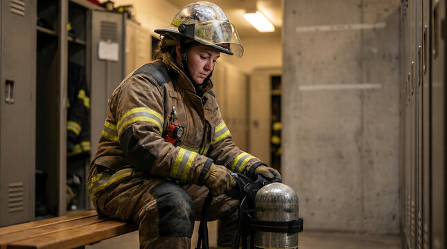 Female firefighter in station locker room preparing scba breathing apparatus and air cylinder while wearing turnout gear and helmet emergency readiness concept