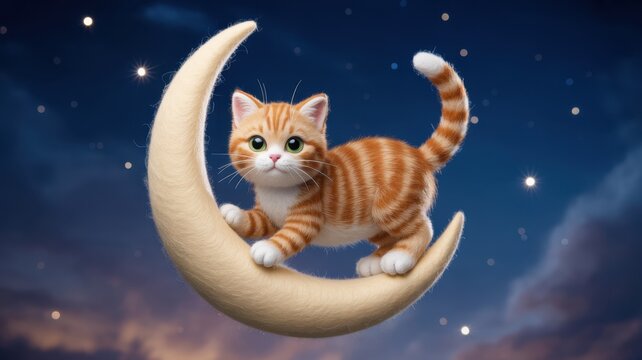 Cat's Dreamy Moonlit Serenade: An adorable ginger tabby cat perches peacefully on a crescent moon, bathed in the soft glow of a star-filled sky. 
