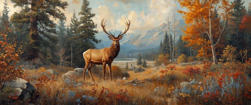 Majestic Elk in Autumnal Landscape Painting: A Serene Wildlife Scene