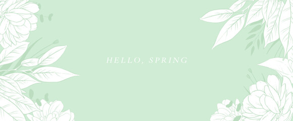 Floral spring design on a green background with space for text. A border with an ornament of roses and peony flowers, leaves and branches. Vector illustration