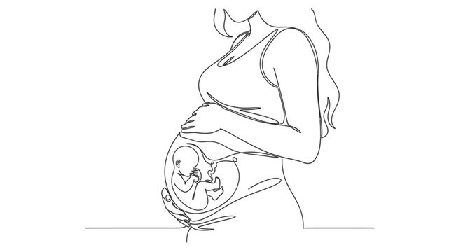 Continuous Line Art of a Pregnant Woman Holding Her Belly with Fetus Inside on Isolated White Background
