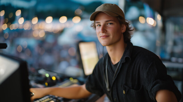 The lightman oversees a complex lighting rig at an outdoor festival, skillfully managing various light sources to enhance performances and create an electric atmosphere that engages festival-goers
