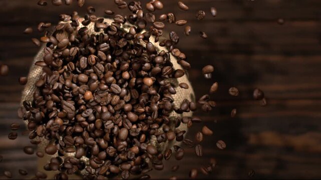 Super Slow Motion, Aesthetic Slow Motion Shot Showing Coffee Beans As They Gently Tumble Across Inviting