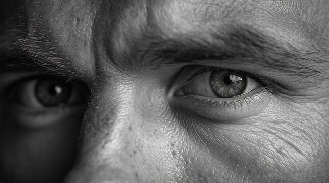 Eye-level shot of a subject staring directly into the camera with a neutral expression, frozen in intense stillness, creating a stark, confrontational portrait focused on presence and gaze.