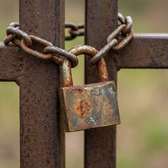 Weathered Unbranded Padlock On A Rusted Heavy Metal Gate In Soft Daylight