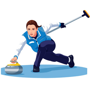 Professional winter athlete playing curling on ice rink, social media fitness post, transparent background, vector  