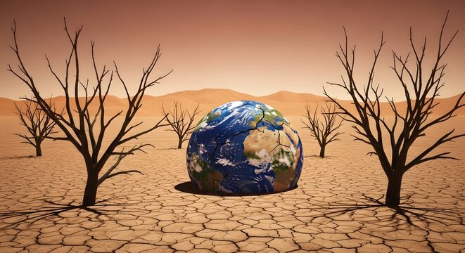Earth deflating in arid landscape, barren trees, cracked earth, implying environmental disaster